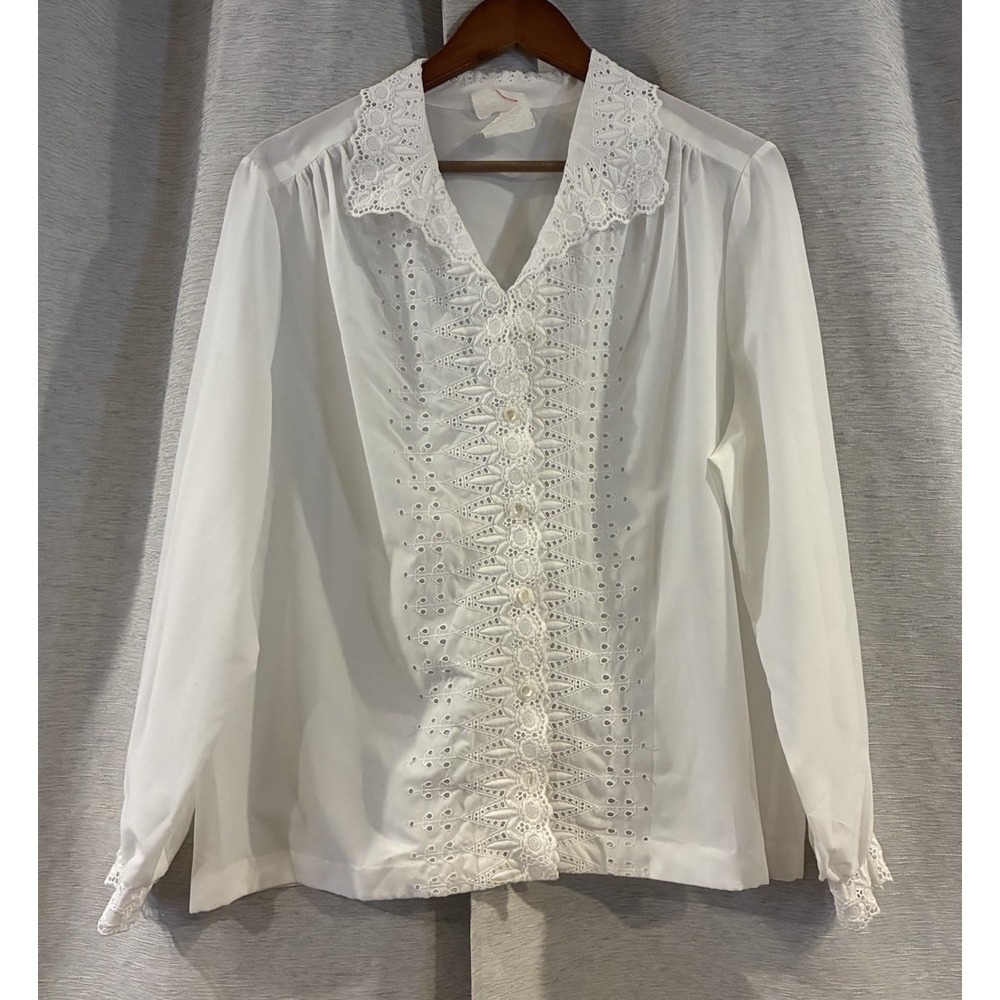 Vintage White Lace Victorian Blouse Long Sleeve Ren Fair Eyelet Shirt 10 T-98